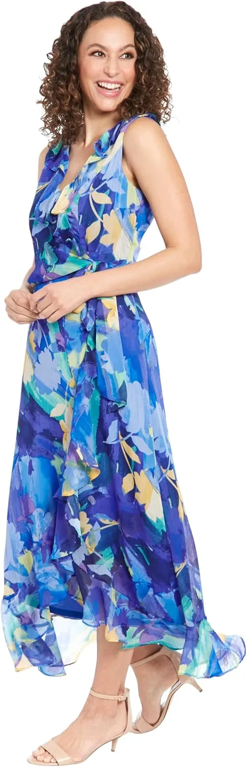 London Times Women's Sleeveless Ruffle Detail Faux Wrap Tie Midi Dress