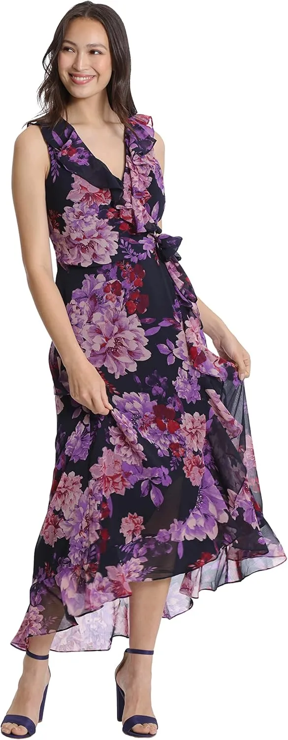 London Times Women's Sleeveless Ruffle Detail Faux Wrap Tie Midi Dress