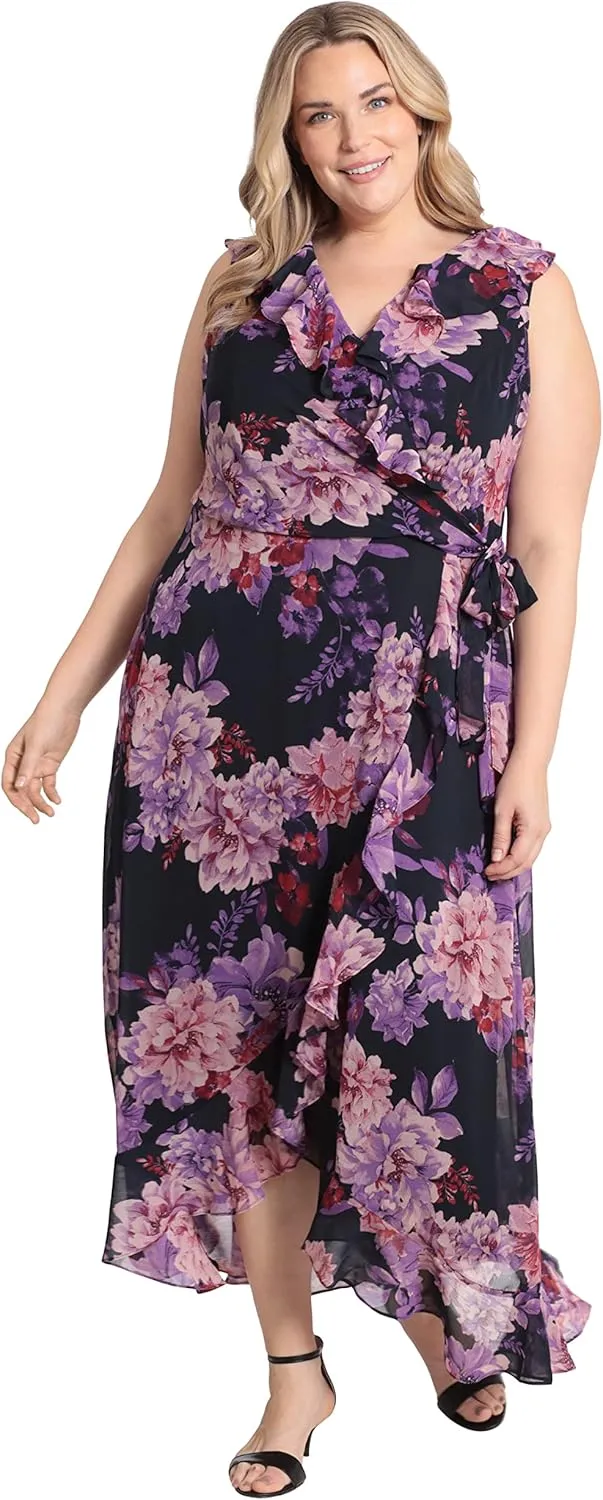 London Times Women's Sleeveless Ruffle Detail Faux Wrap Tie Midi Dress
