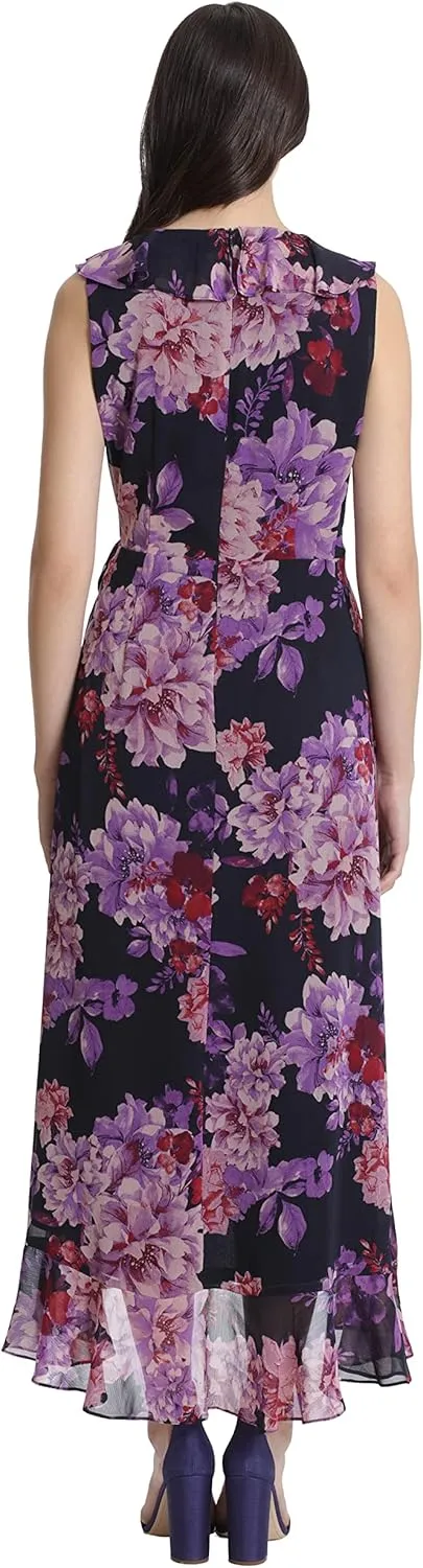 London Times Women's Sleeveless Ruffle Detail Faux Wrap Tie Midi Dress
