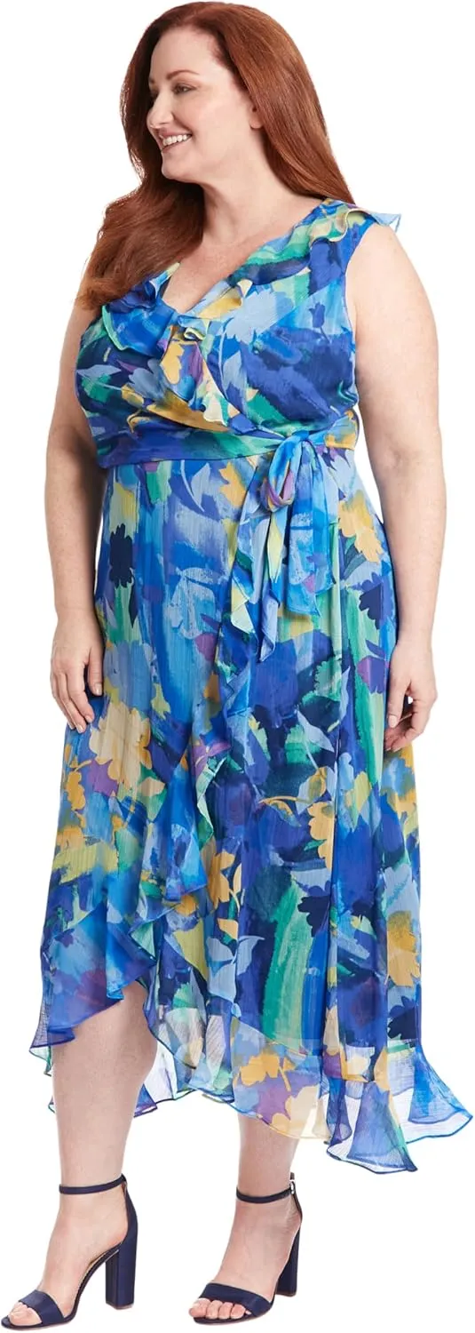 London Times Women's Sleeveless Ruffle Detail Faux Wrap Tie Midi Dress