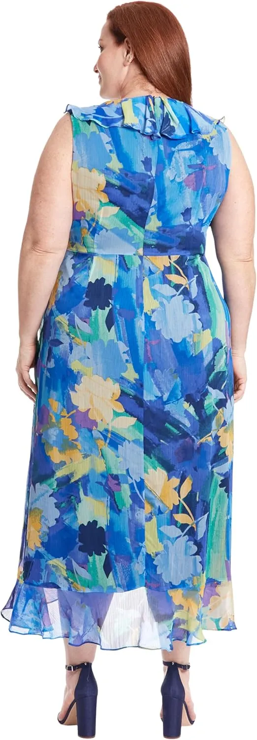 London Times Women's Sleeveless Ruffle Detail Faux Wrap Tie Midi Dress