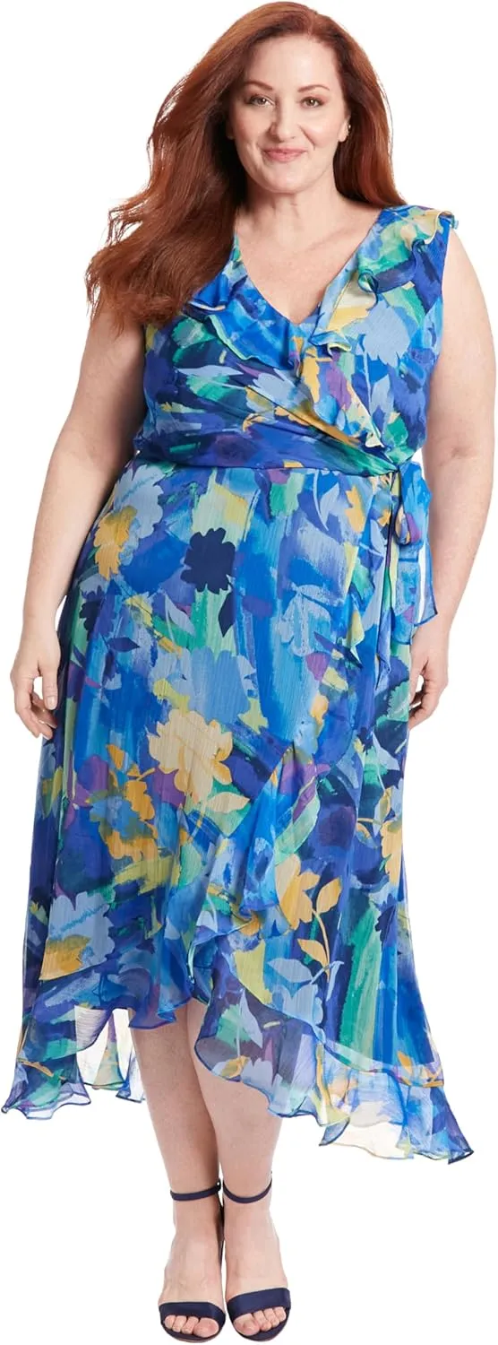 London Times Women's Sleeveless Ruffle Detail Faux Wrap Tie Midi Dress