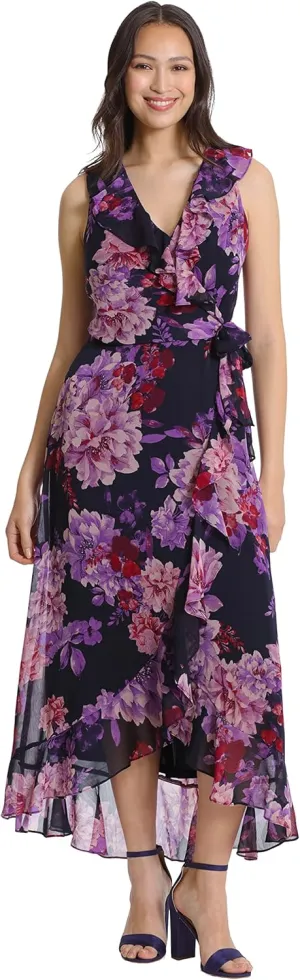 London Times Women's Sleeveless Ruffle Detail Faux Wrap Tie Midi Dress