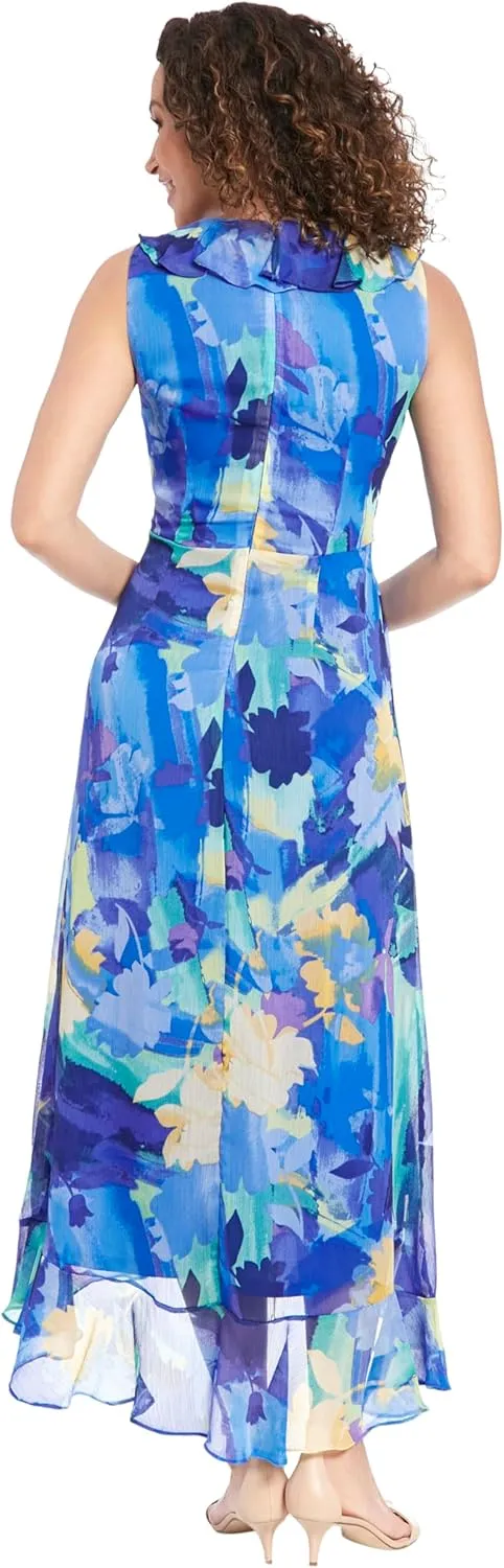 London Times Women's Sleeveless Ruffle Detail Faux Wrap Tie Midi Dress