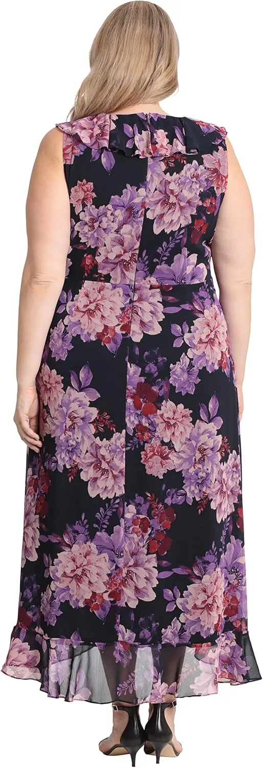 London Times Women's Sleeveless Ruffle Detail Faux Wrap Tie Midi Dress