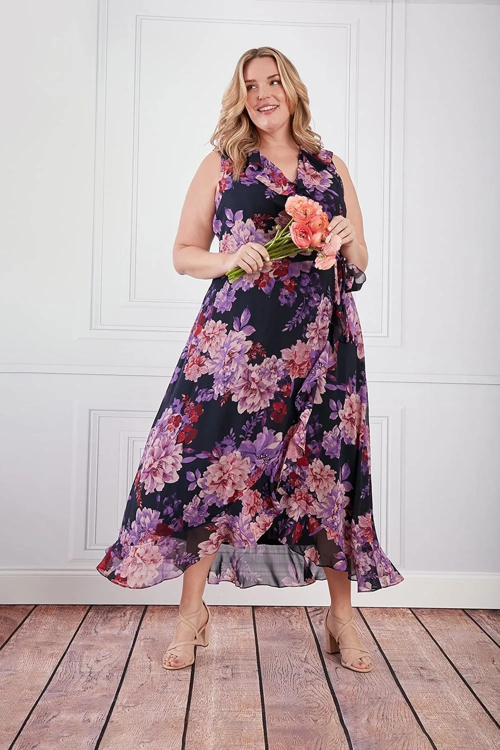 London Times Women's Sleeveless Ruffle Detail Faux Wrap Tie Midi Dress