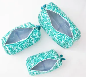 LOOKNSOURCE Cotton Toiletry Bag Floral Print Toiletry Red Color Bag Peck of 3 for Women, Teal/white