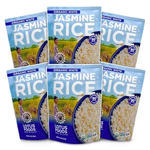 Lotus Foods Organic White Jasmine Rice Heat & Eat Pouch - Gluten Free White Rice, Organic Rice, Instant Microwave Jasmine Rice, Microwavable Pre Cooked Rice - 8 Oz (Pack of 6)