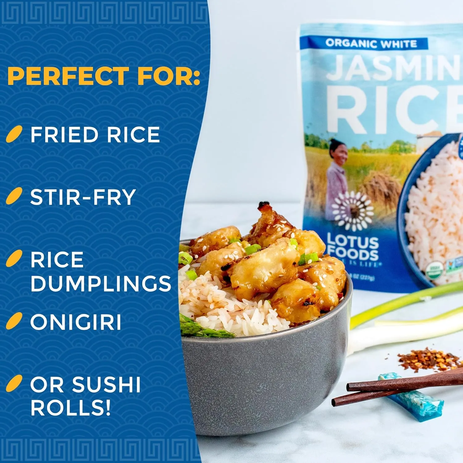 Lotus Foods Organic White Jasmine Rice Heat & Eat Pouch - Gluten Free White Rice, Organic Rice, Instant Microwave Jasmine Rice, Microwavable Pre Cooked Rice - 8 Oz (Pack of 6)