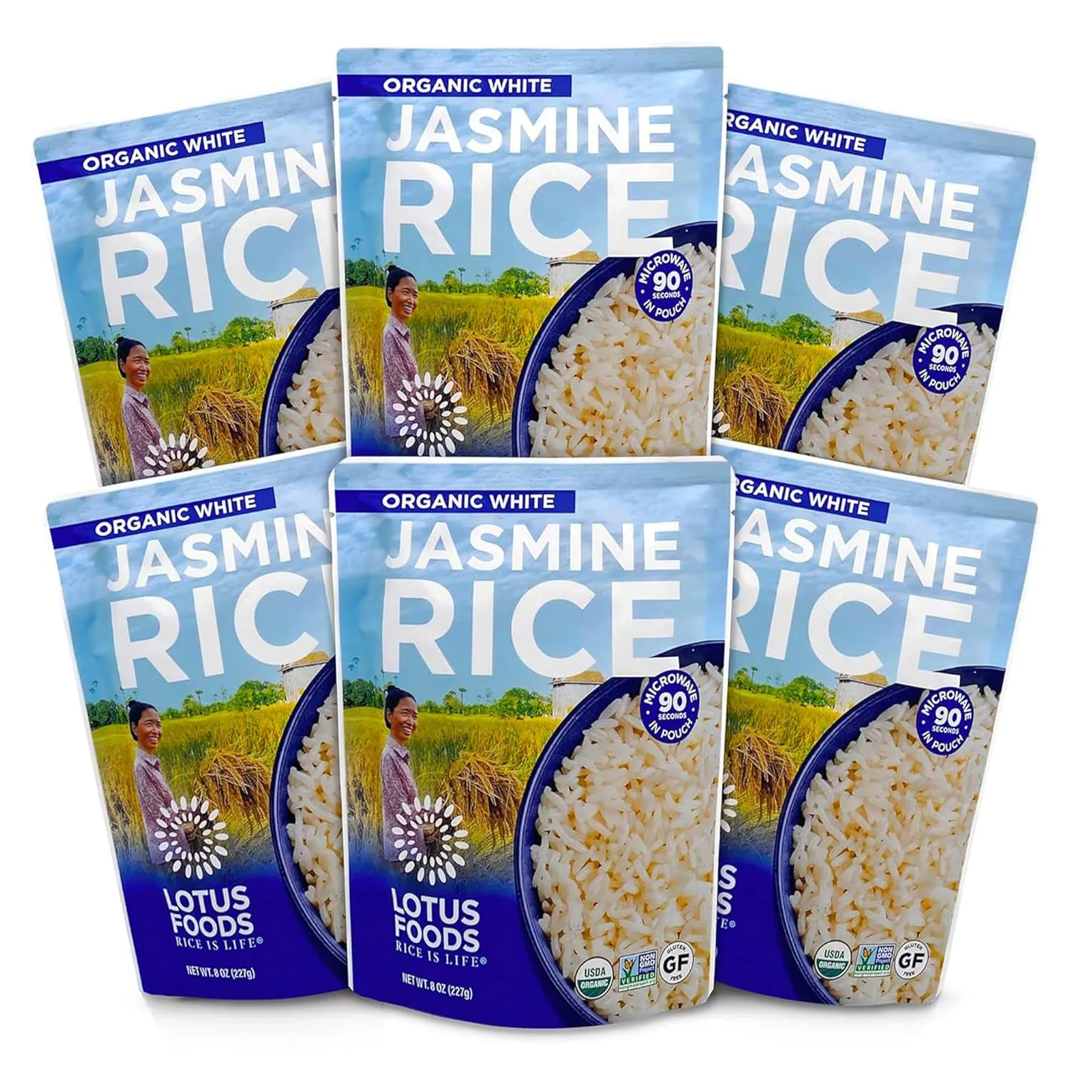 Lotus Foods Organic White Jasmine Rice Heat & Eat Pouch - Gluten Free White Rice, Organic Rice, Instant Microwave Jasmine Rice, Microwavable Pre Cooked Rice - 8 Oz (Pack of 6)