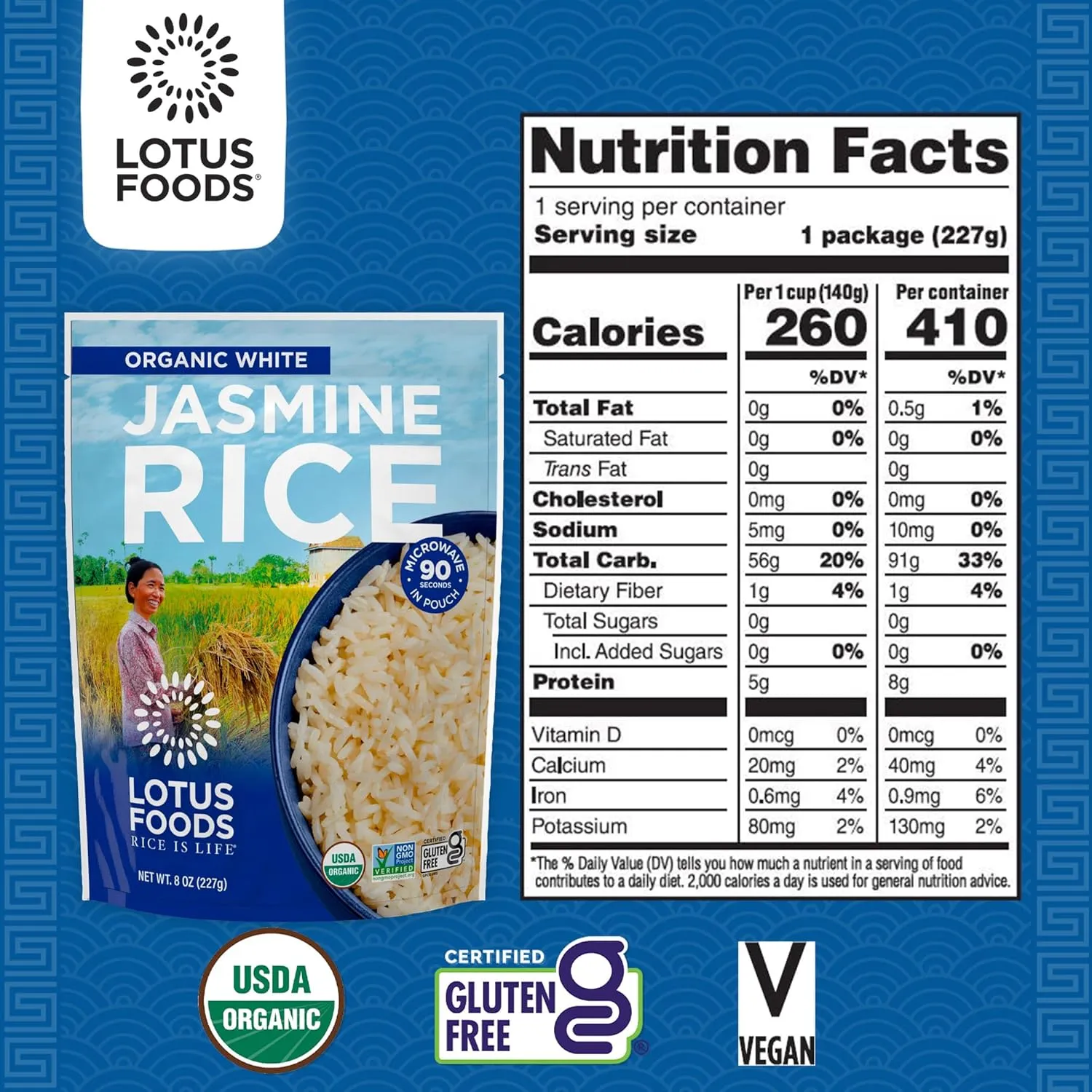 Lotus Foods Organic White Jasmine Rice Heat & Eat Pouch - Gluten Free White Rice, Organic Rice, Instant Microwave Jasmine Rice, Microwavable Pre Cooked Rice - 8 Oz (Pack of 6)