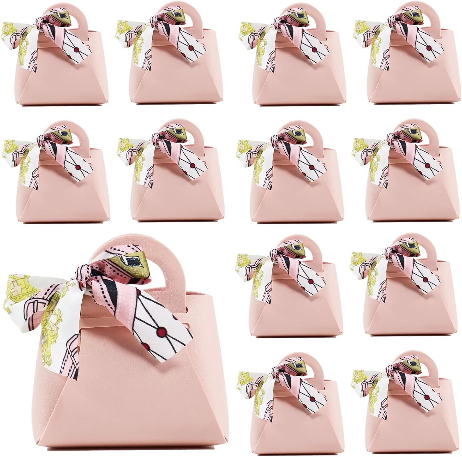 LPEIEB 12 Pack Leather Ribbon Candy Bag Gift Bags PU Wedding Gift Bags with Handle Ribbon Reusable Party Favor Boxes for Weddings Birthdays Christmas Baby Showers Halloween(Pink)