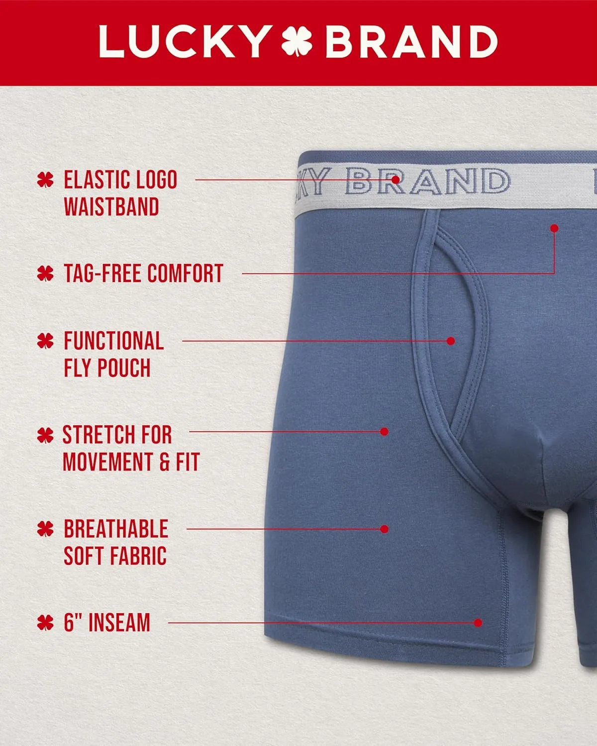 Lucky Brand Mens Boxer Briefs - 6 Pack Soft Stretch Mens Underwear with Functional Fly Pouch Boxers for Men (Sizes: S-2XL)