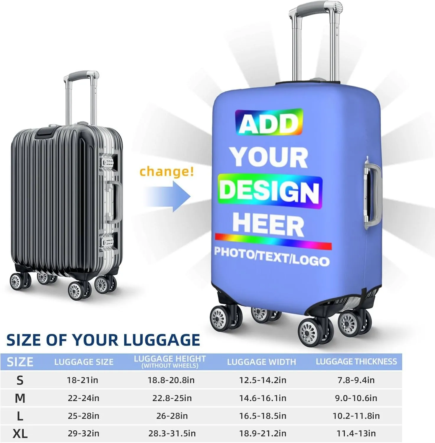 Luggage Covers with Photo Text Name Logo Double Sided Different Design Travel Suitcase Case Protector for 18-32 Inch Suitcase