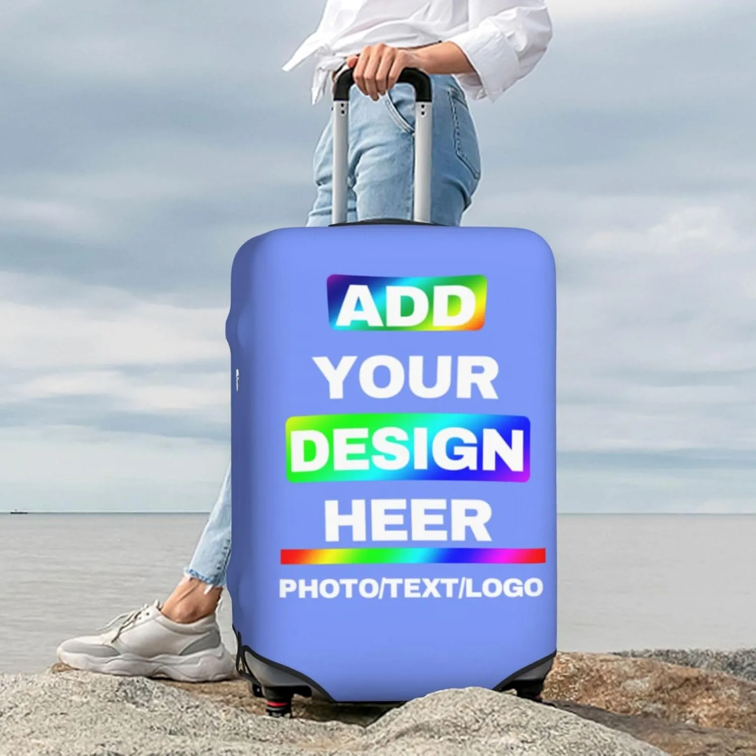 Luggage Covers with Photo Text Name Logo Double Sided Different Design Travel Suitcase Case Protector for 18-32 Inch Suitcase