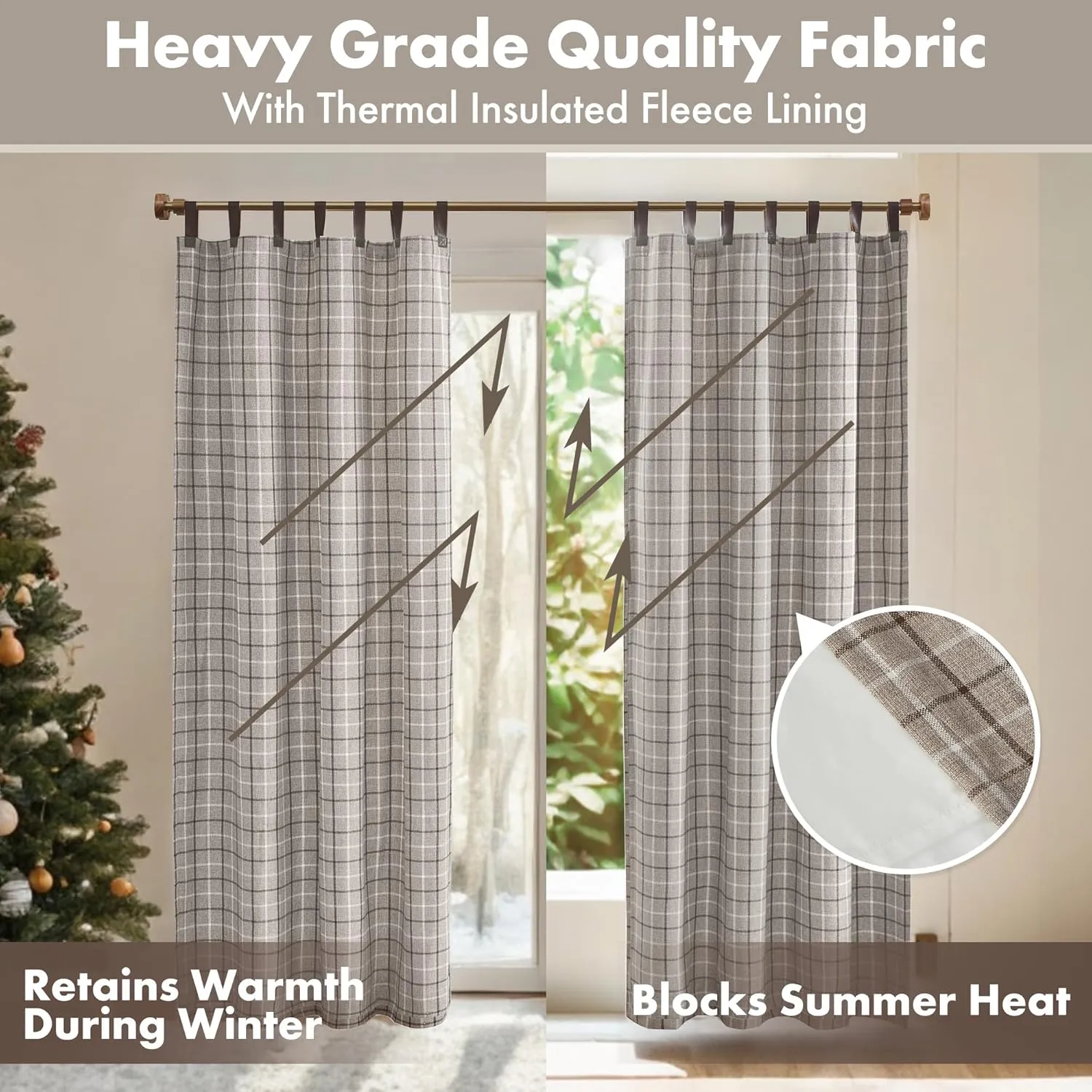 Madison Park Anaheim Cabin Plaid Curtain Window, Thermal Insulated Fleece Lining, Living Room Decor Room Darkening Drape for Bedroom, 1-Single Panel Pack, 50" x 84", Faux Leather Tab, Brown