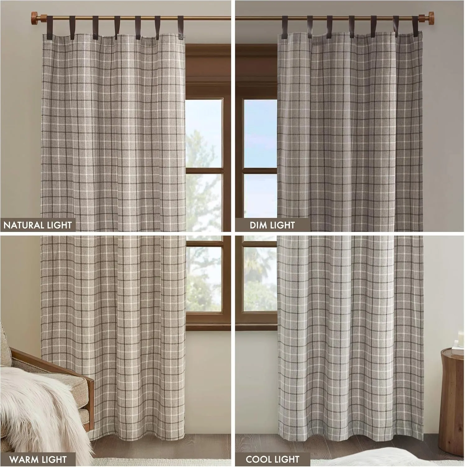 Madison Park Anaheim Cabin Plaid Curtain Window, Thermal Insulated Fleece Lining, Living Room Decor Room Darkening Drape for Bedroom, 1-Single Panel Pack, 50" x 84", Faux Leather Tab, Brown