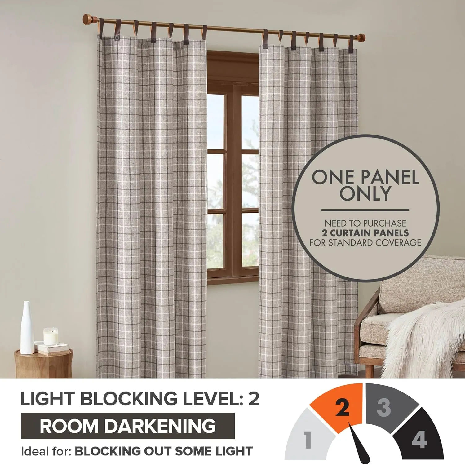 Madison Park Anaheim Cabin Plaid Curtain Window, Thermal Insulated Fleece Lining, Living Room Decor Room Darkening Drape for Bedroom, 1-Single Panel Pack, 50" x 84", Faux Leather Tab, Brown