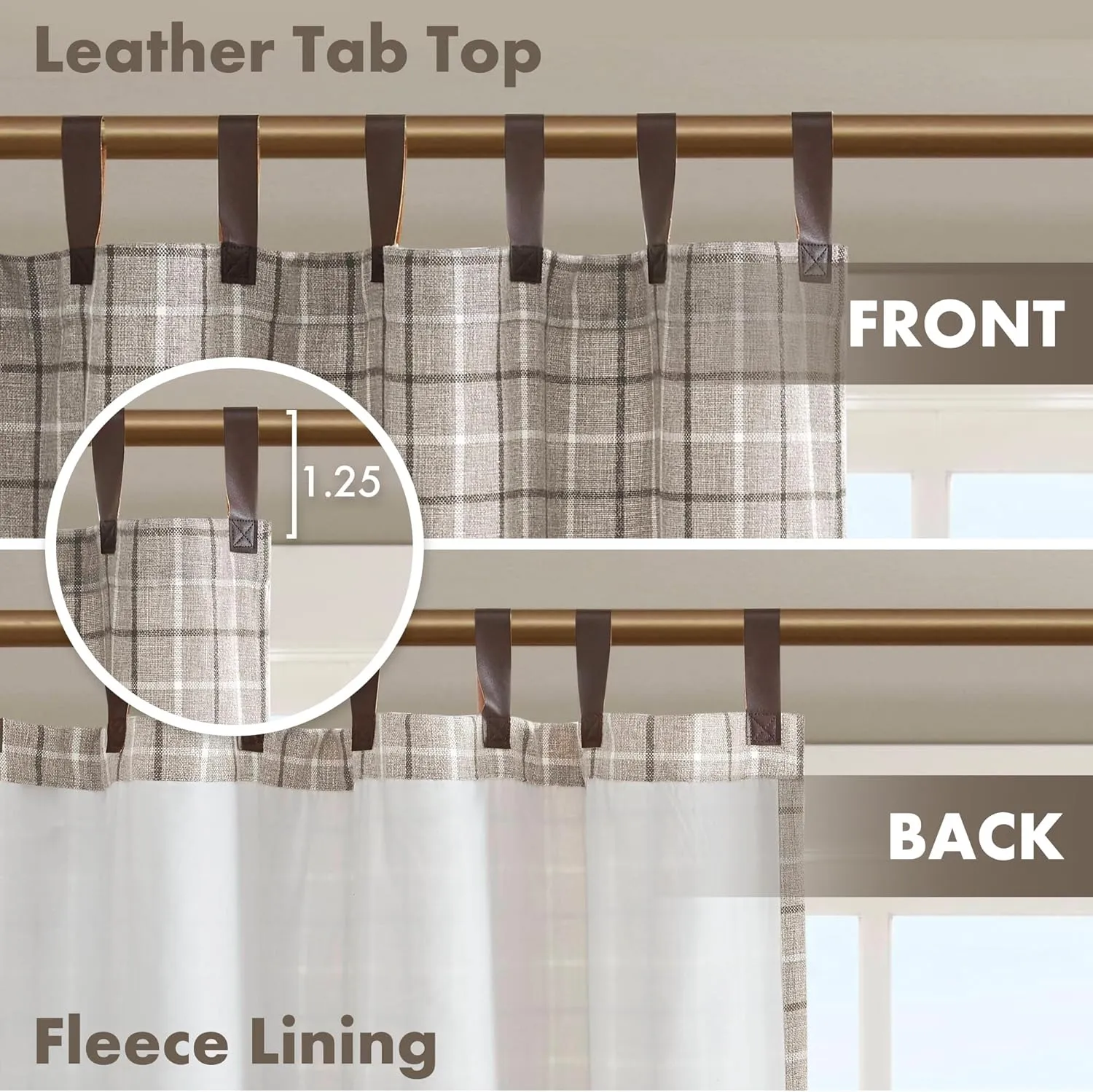 Madison Park Anaheim Cabin Plaid Curtain Window, Thermal Insulated Fleece Lining, Living Room Decor Room Darkening Drape for Bedroom, 1-Single Panel Pack, 50" x 84", Faux Leather Tab, Brown