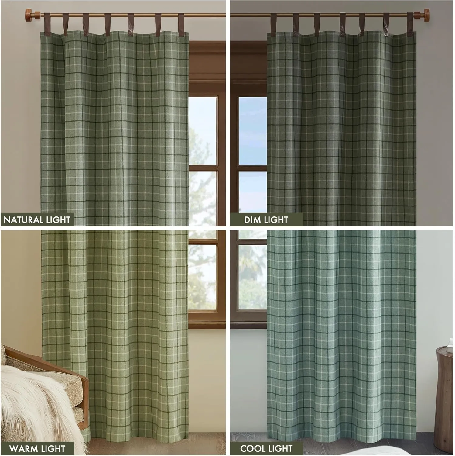 Madison Park Anaheim Cabin Plaid Curtain Window, Thermal Insulated Fleece Lining, Living Room Decor Room Darkening Drape for Bedroom, 1-Single Panel Pack, 50" x 84" Faux Leather Tab, Green