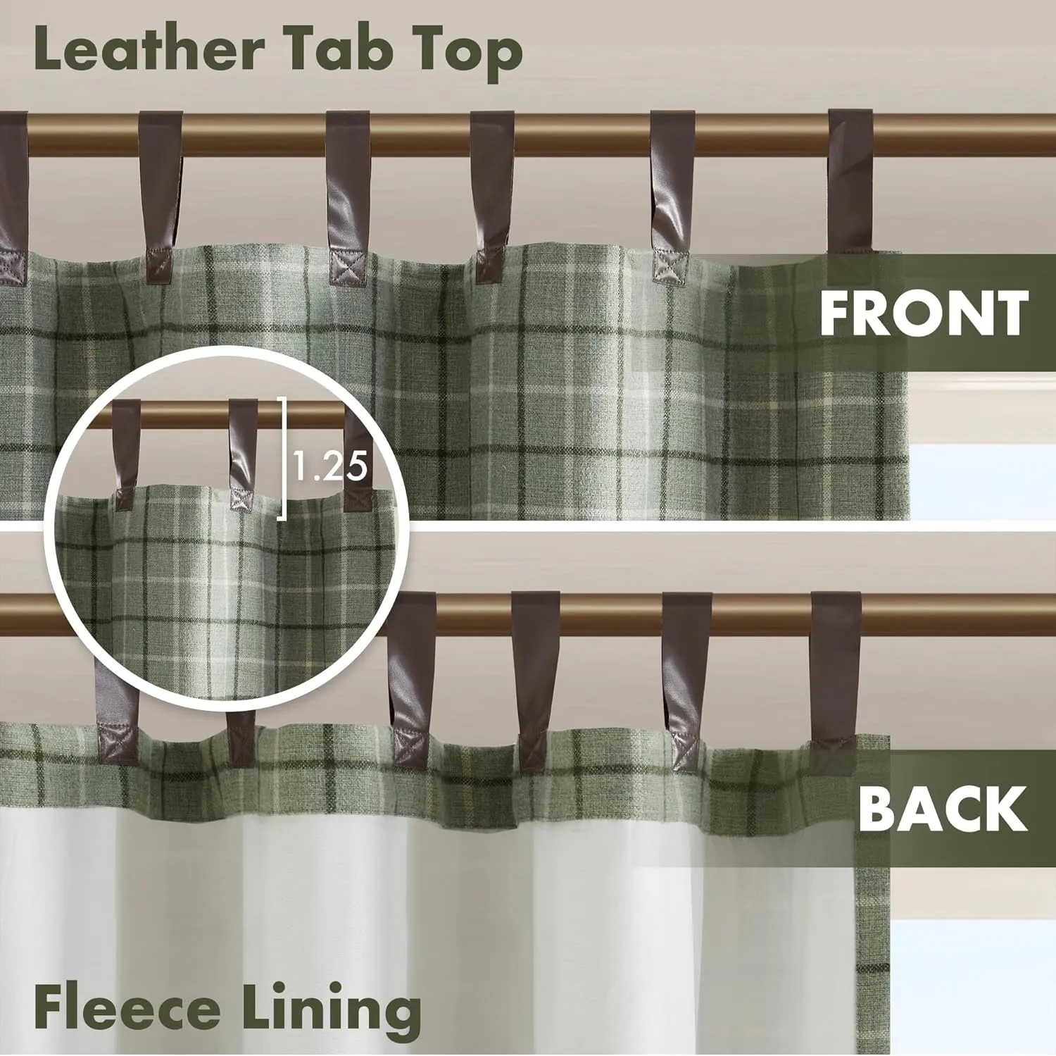 Madison Park Anaheim Cabin Plaid Curtain Window, Thermal Insulated Fleece Lining, Living Room Decor Room Darkening Drape for Bedroom, 1-Single Panel Pack, 50" x 84" Faux Leather Tab, Green