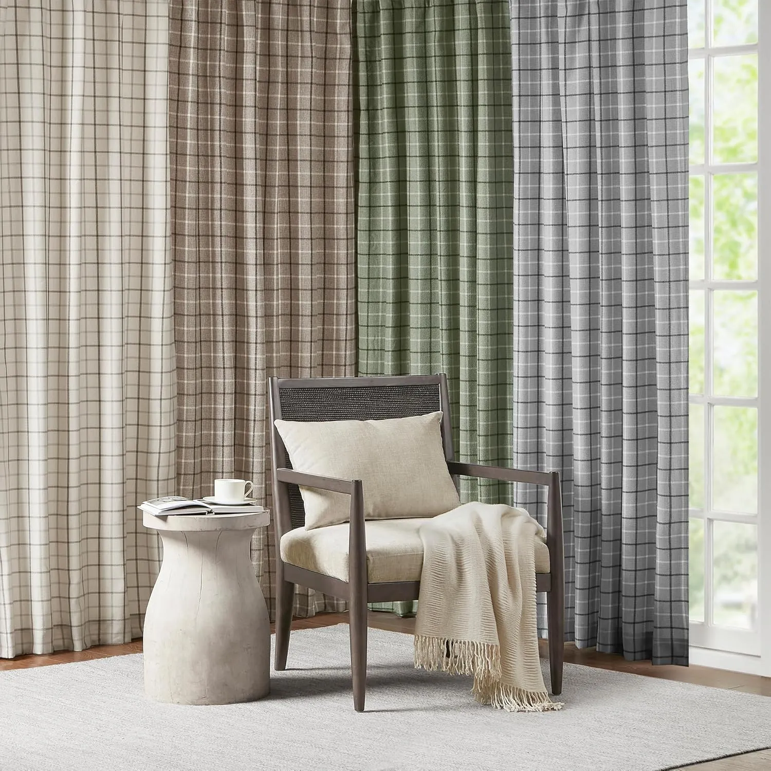 Madison Park Anaheim Cabin Plaid Curtain Window, Thermal Insulated Fleece Lining, Living Room Decor Room Darkening Drape for Bedroom, 1-Single Panel Pack, 50" x 84" Faux Leather Tab, Green