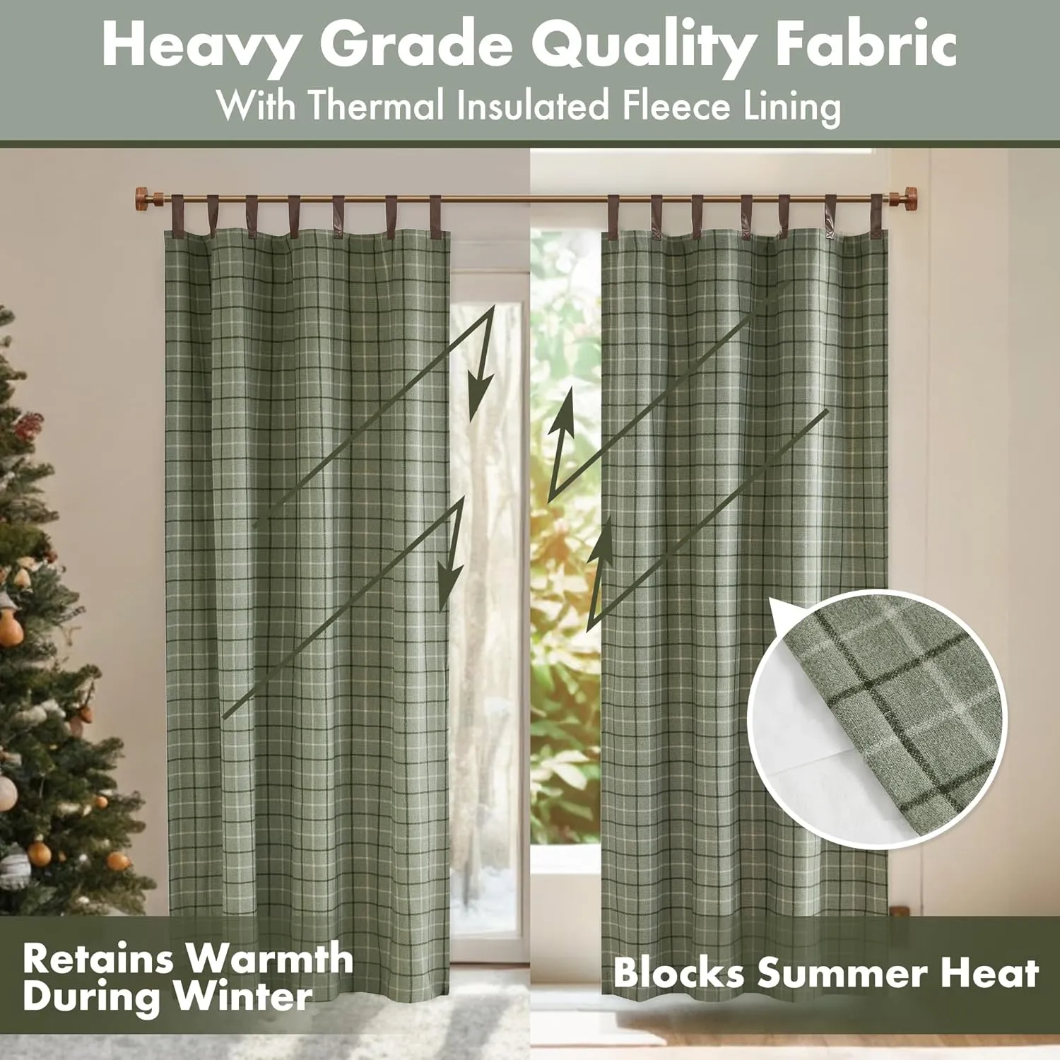 Madison Park Anaheim Cabin Plaid Curtain Window, Thermal Insulated Fleece Lining, Living Room Decor Room Darkening Drape for Bedroom, 1-Single Panel Pack, 50" x 84" Faux Leather Tab, Green