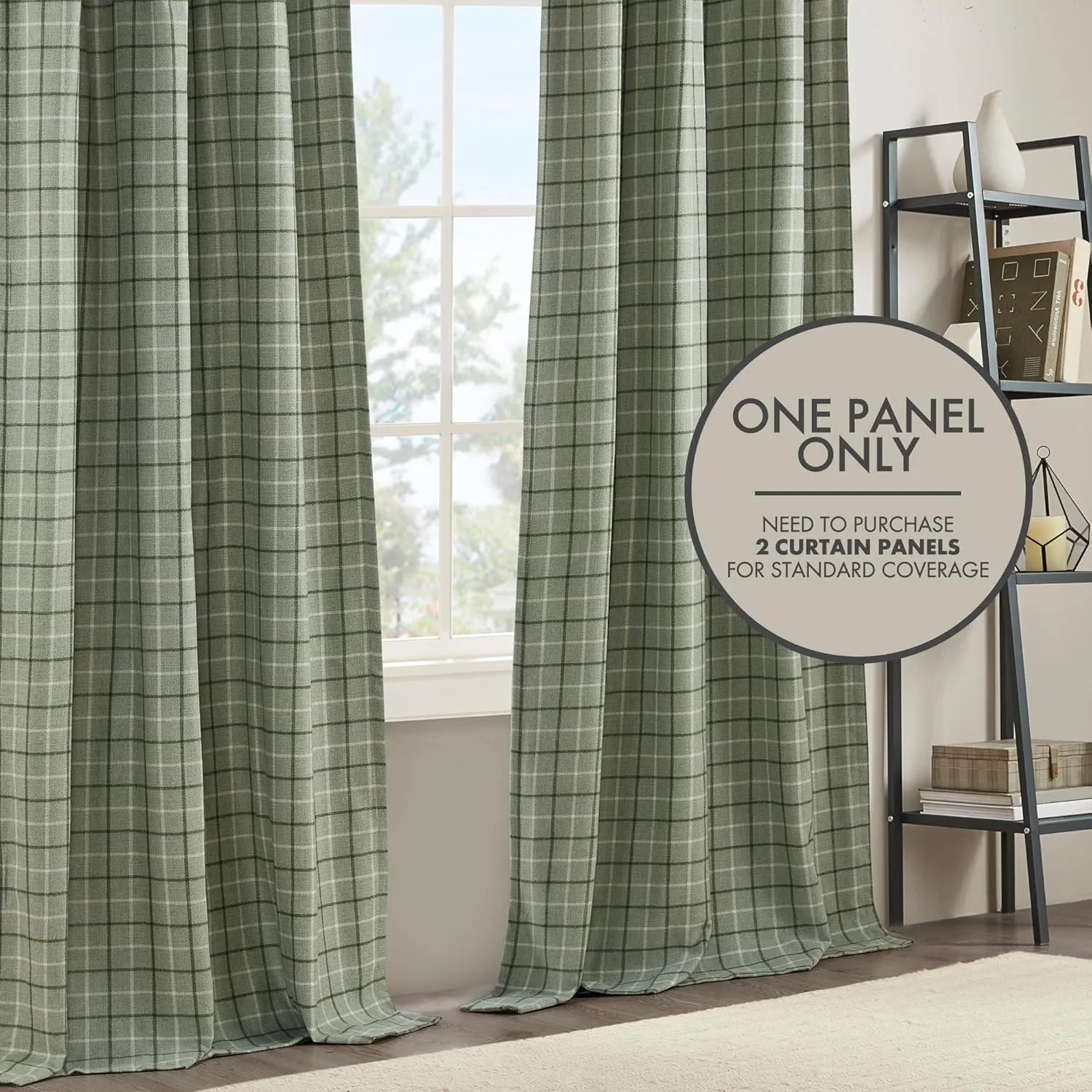 Madison Park Anaheim Cabin Plaid Curtain Window, Thermal Insulated Fleece Lining, Living Room Decor Room Darkening Drape for Bedroom, 1-Single Panel Pack, 50" x 84" Faux Leather Tab, Green