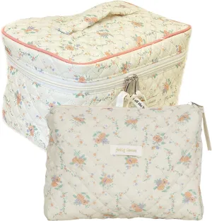Makeup Bag Floral Cotton Makeup Bag Large Travel Cosmetic Bag Quilted Cosmetic Pouch Coquette Aesthetic Floral Toiletry Bag for Ladies Girl Multifunction Storage Bag (Flowers)