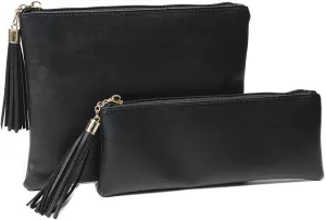 Makeup Bag for Purse,Set of 2 Leather Zipper Makeup Pouch with Makeup Brush Bag Cute Makeup Bags for Women Travel (Black)