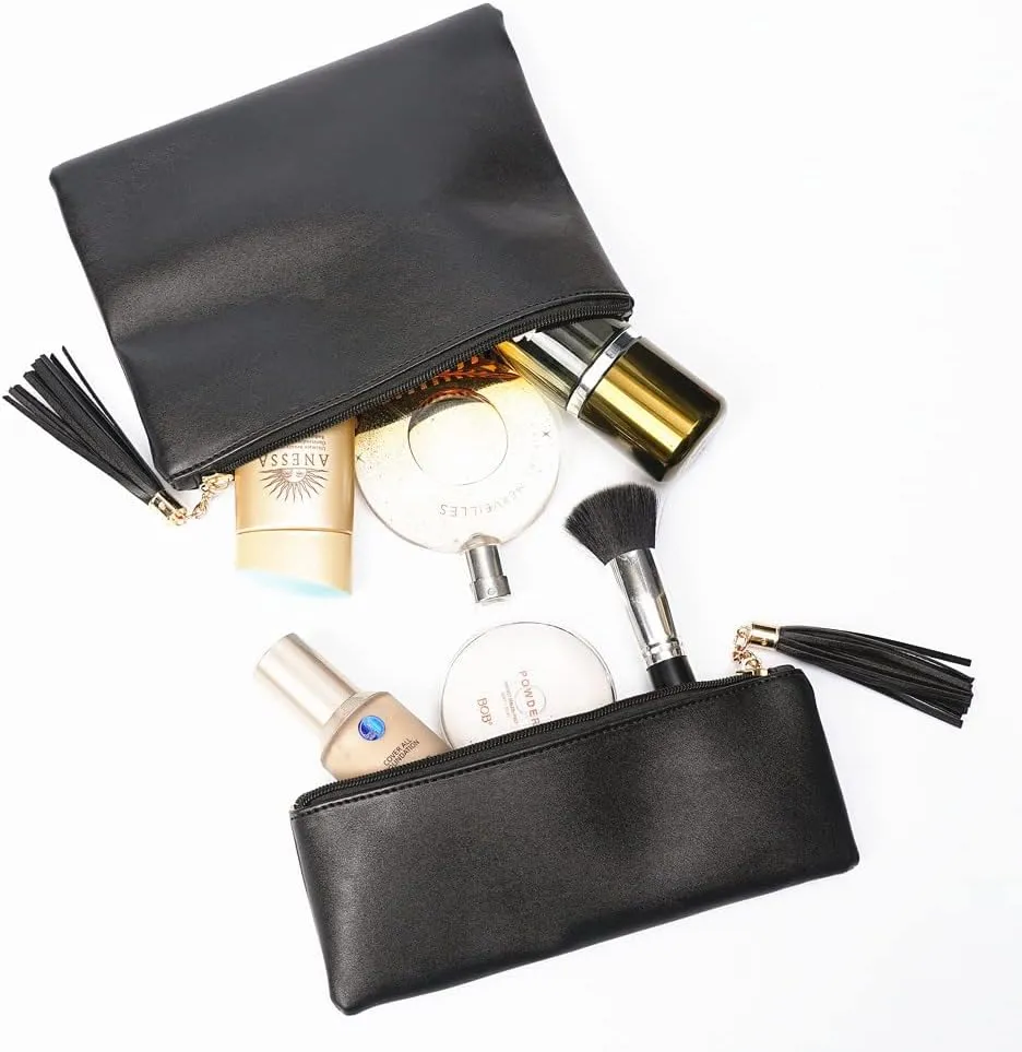 Makeup Bag for Purse,Set of 2 Leather Zipper Makeup Pouch with Makeup Brush Bag Cute Makeup Bags for Women Travel (Black)