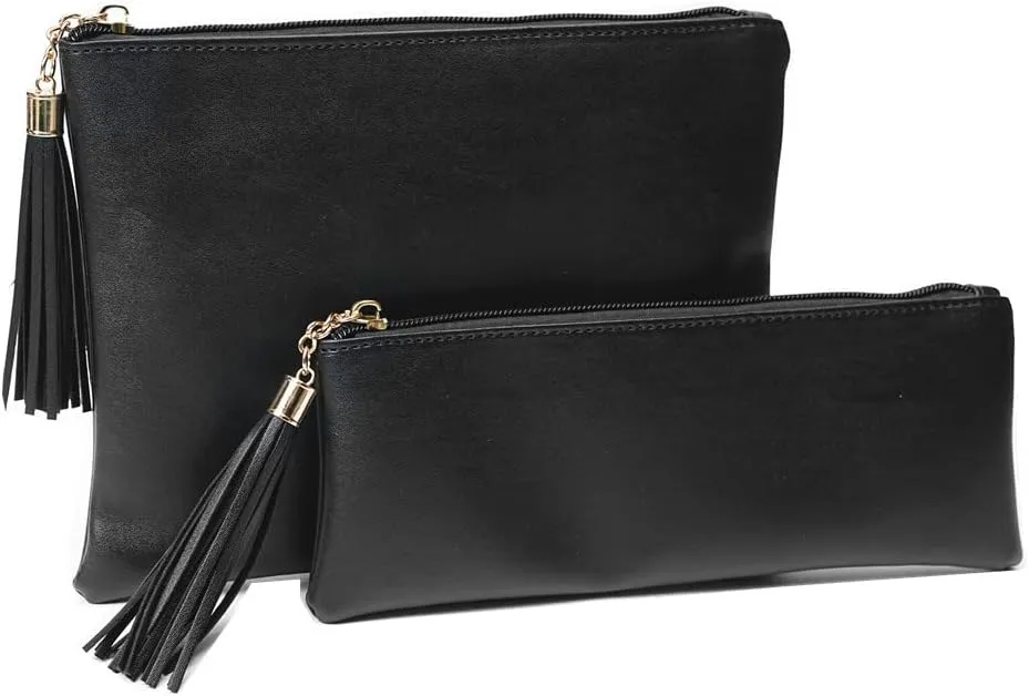 Makeup Bag for Purse,Set of 2 Leather Zipper Makeup Pouch with Makeup Brush Bag Cute Makeup Bags for Women Travel (Black)