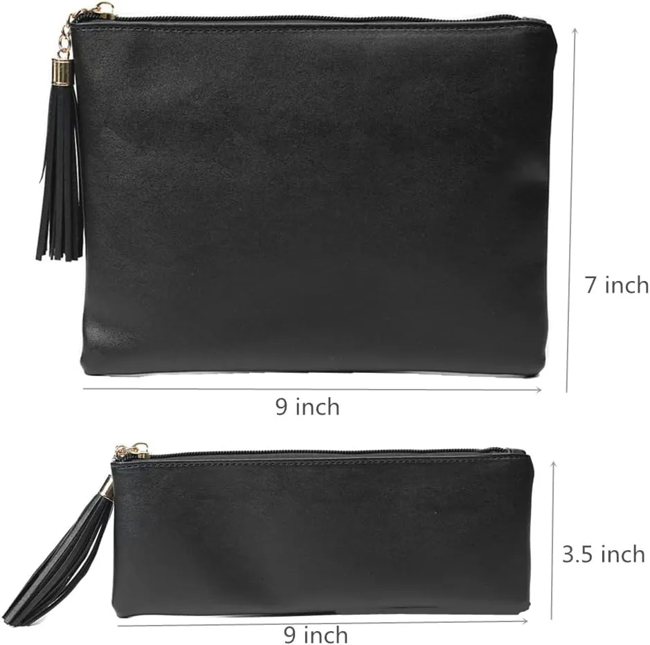 Makeup Bag for Purse,Set of 2 Leather Zipper Makeup Pouch with Makeup Brush Bag Cute Makeup Bags for Women Travel (Black)