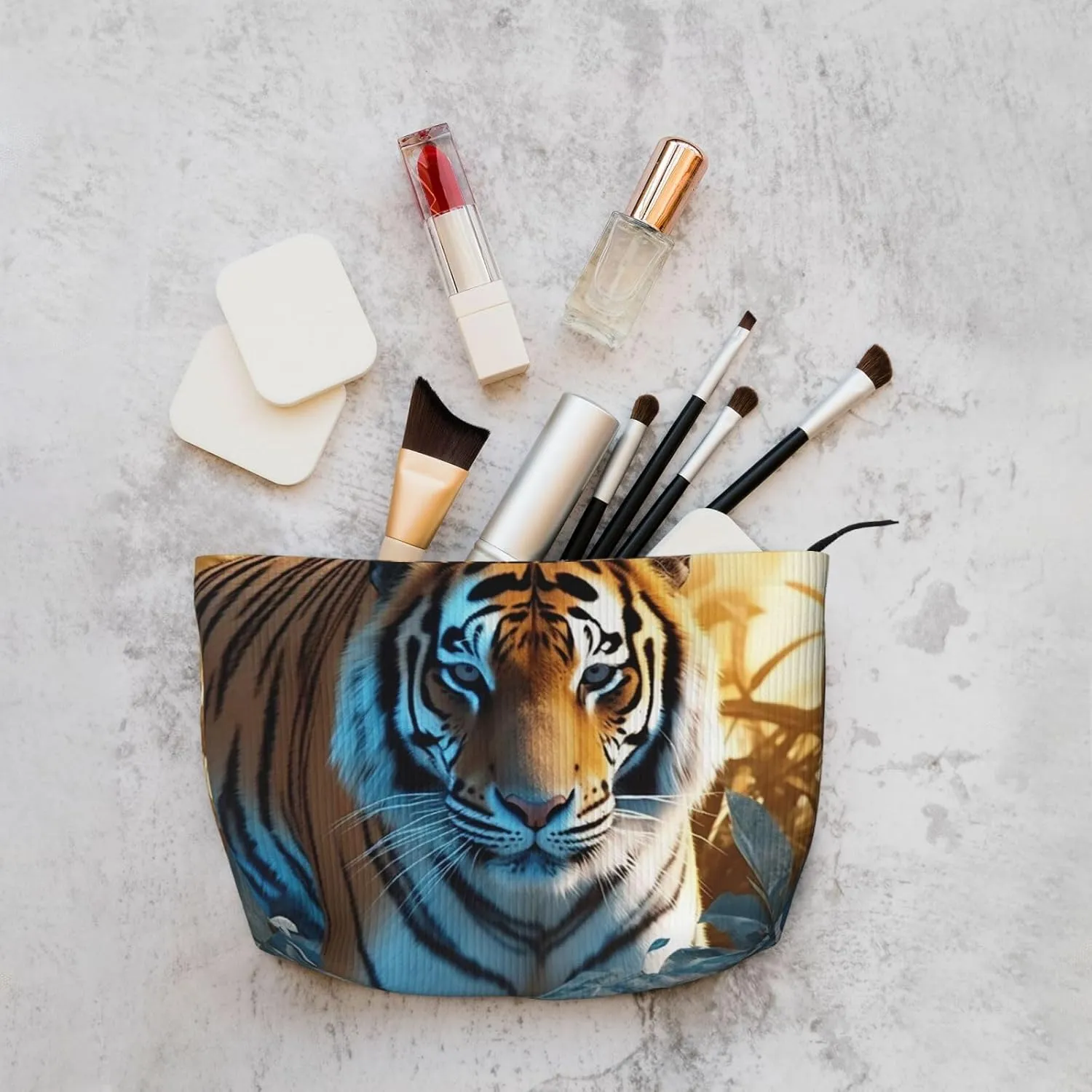 Makeup Bag for Women African Wildlife Tiger Cosmetic Bag Large Capacity Portable Makeup Organizer Bags Corduroy Travel Toiletry Bag Cute Aesthetic Zipper Makeup Pouch
