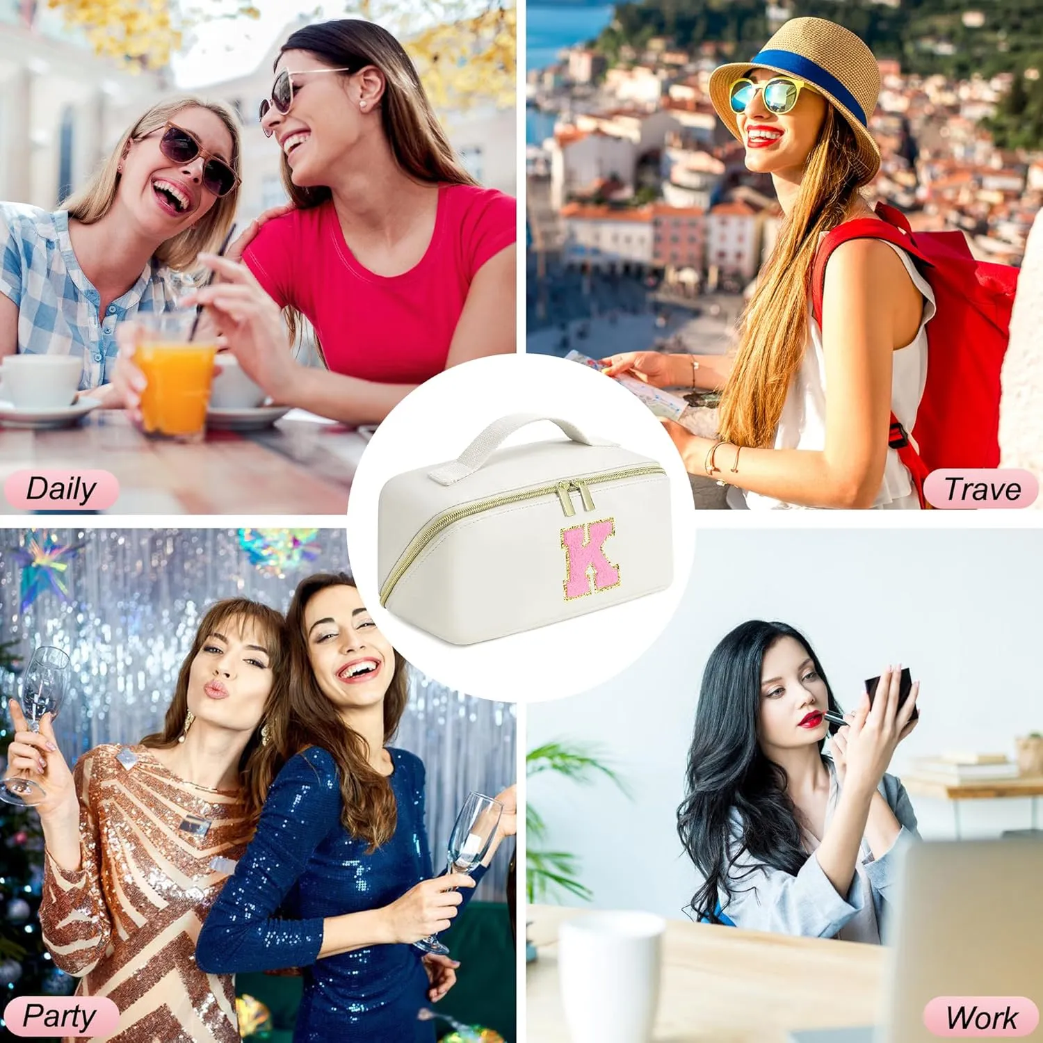 Makeup Bag for Women, PU Leather Travel Toiletry Bags, Initial Make Up Cosmetic Pouch for Teen Girls, Wide Open Portable Skincare Bag, Personalized Birthday Graduation Gifts Ideal,