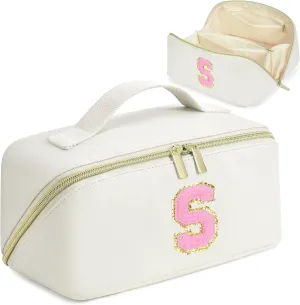 Makeup Bag for Women, PU Leather Travel Toiletry Bags, Initial Make Up Cosmetic Pouch for Teen Girls, Wide Open Portable Skincare Bag, Personalized Birthday Graduation Gifts Ideal,