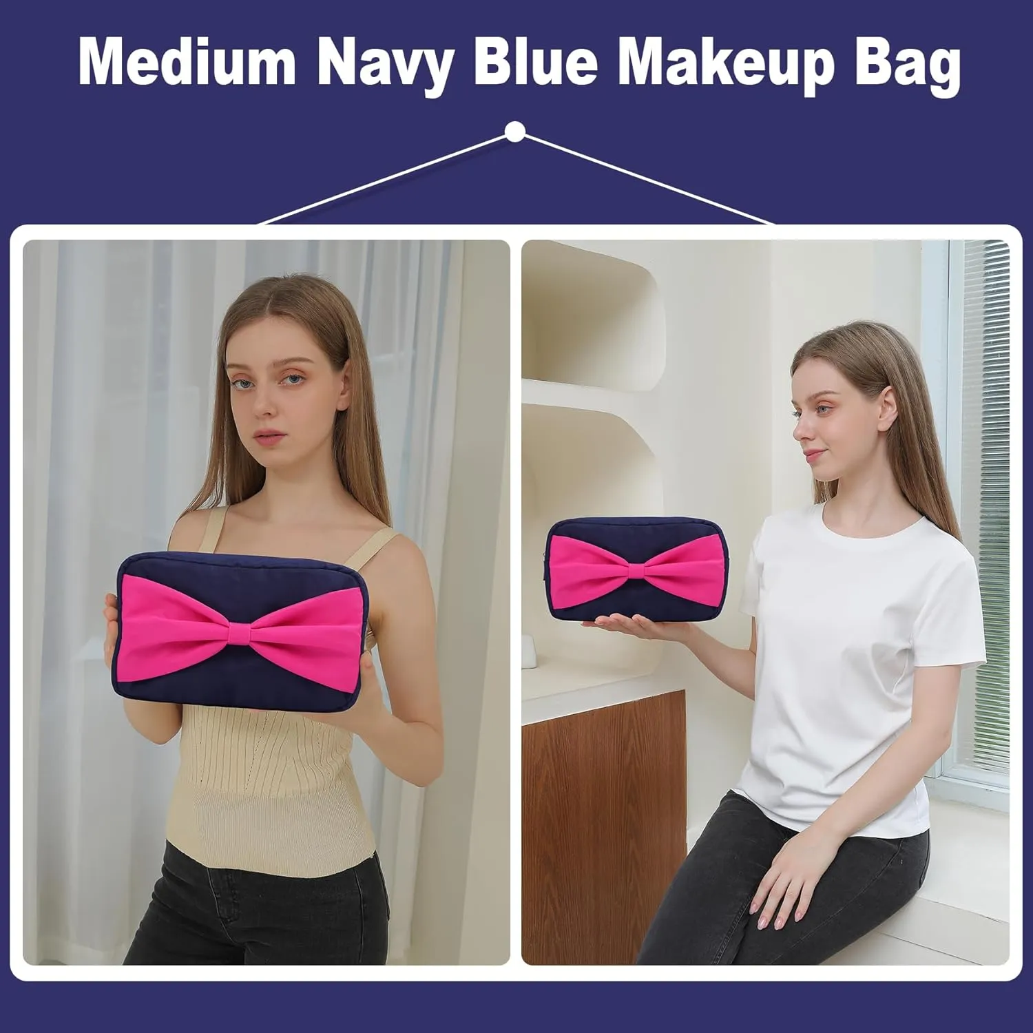 Makeup Bag Toiletry Bags for Traveling Women Stuff Bag Skin Care Bag Stoney Clover Dupes Makeup Organizer Cosmetic Pouch (M, NavyBlue-Bow)