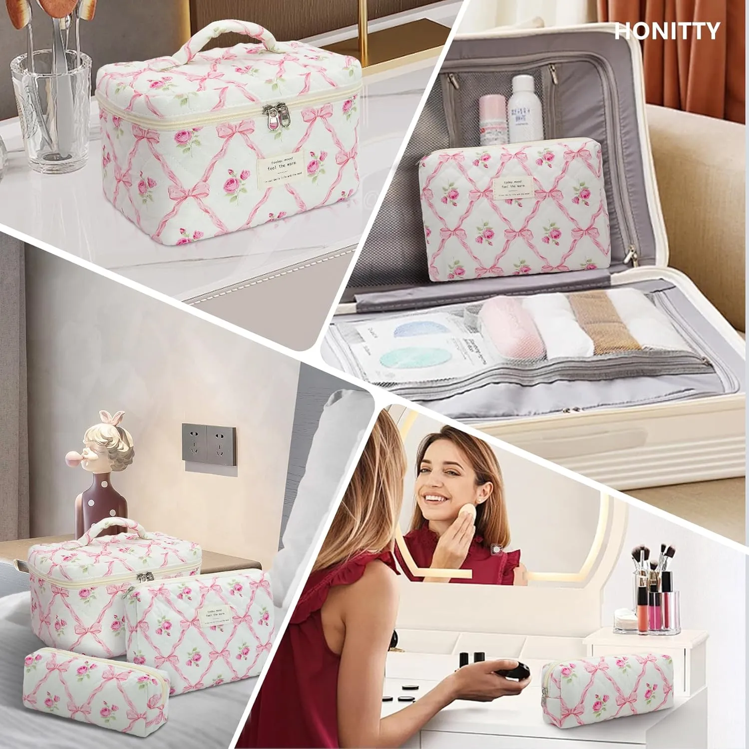 Makeup Bag,Quilted Cosmetic Bag,Large Floral Make Up Bag for Women,Cotton Makeup Bag Set,Flower Travel Toiletry Bag