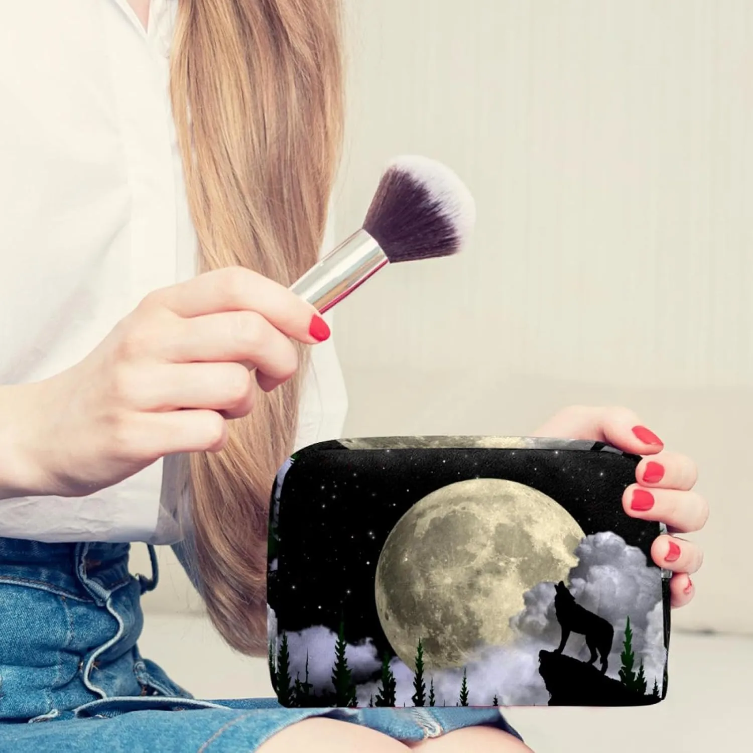 Makeup Organizer Bag, Aesthetic Moon Wolf Pencil Case Cosmetic Storage Bag Portable Toiletry Pouch for Women, Men, Traveling, School