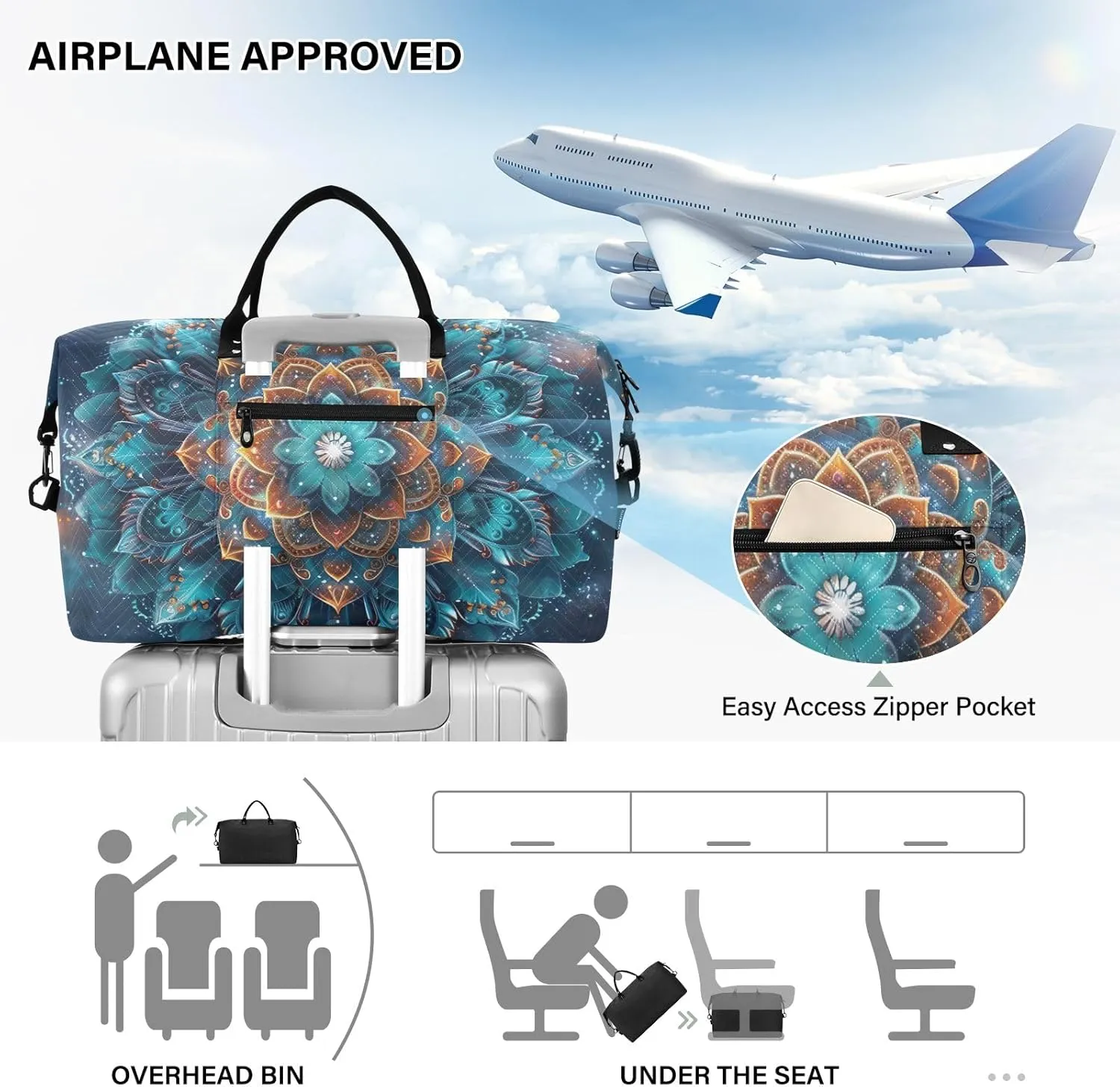 Mandala Floral Space Duffel Bags Traveling Duffle Bag for Women with Toiletry Bag Women's Gym Bag Weekender Bags