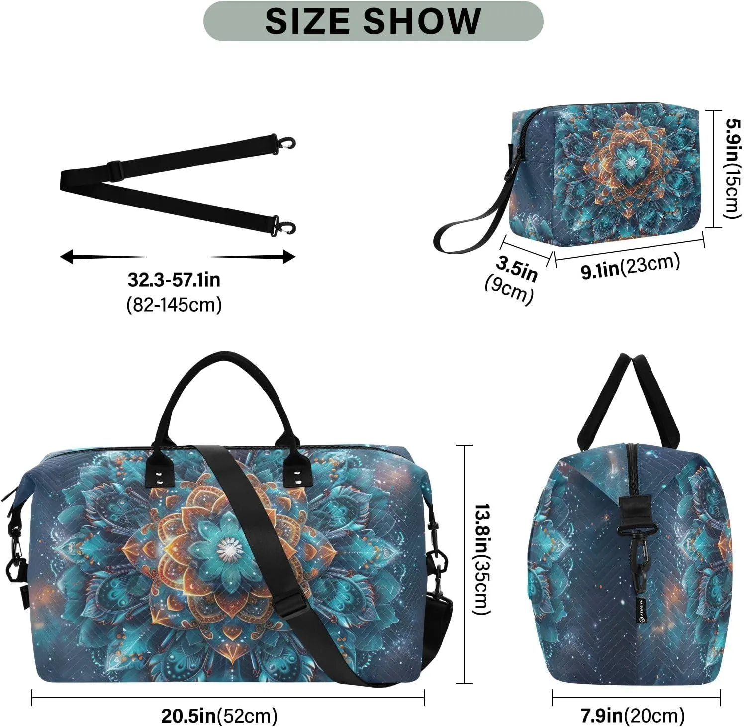 Mandala Floral Space Duffel Bags Traveling Duffle Bag for Women with Toiletry Bag Women's Gym Bag Weekender Bags
