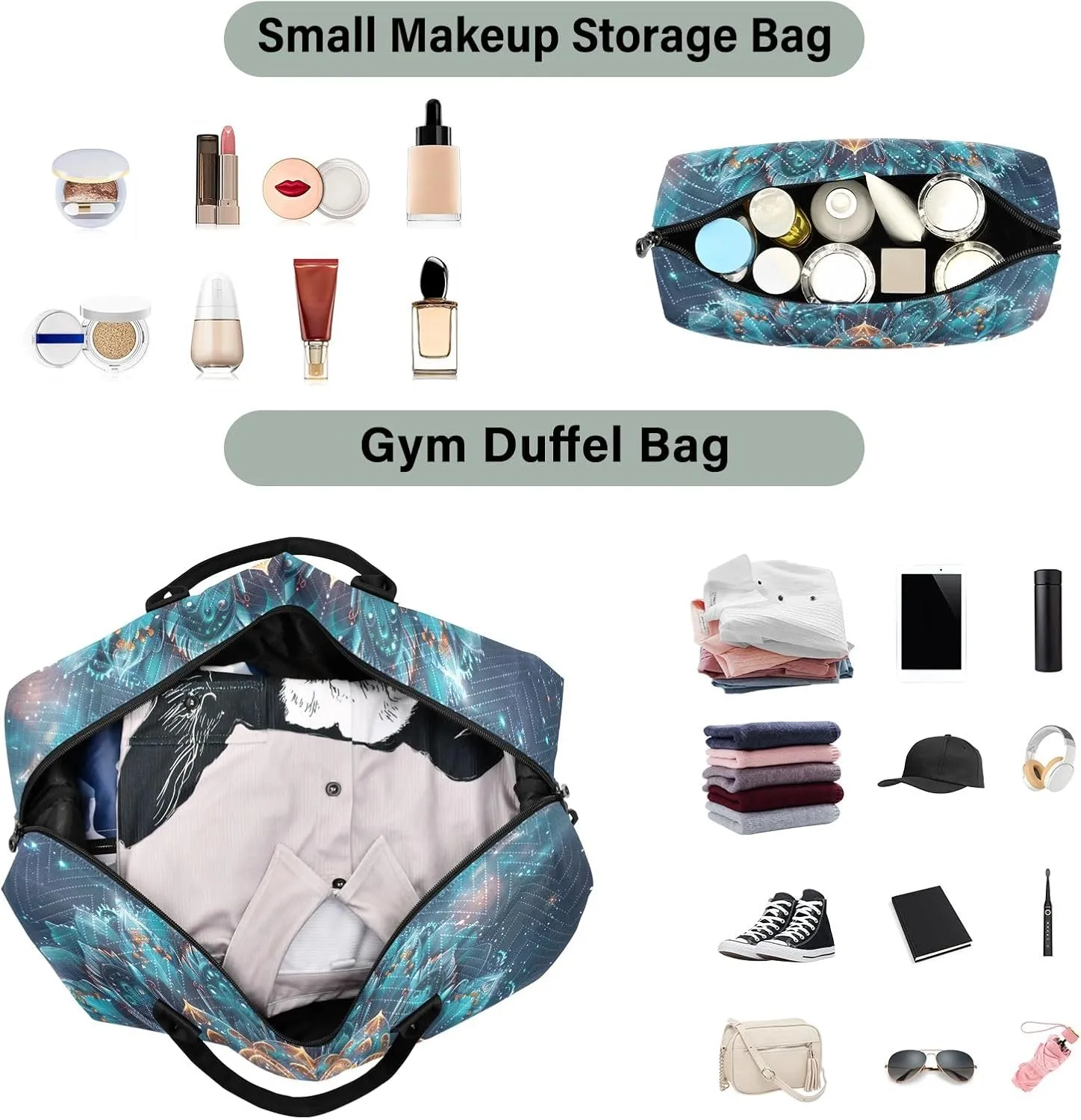 Mandala Floral Space Duffel Bags Traveling Duffle Bag for Women with Toiletry Bag Women's Gym Bag Weekender Bags