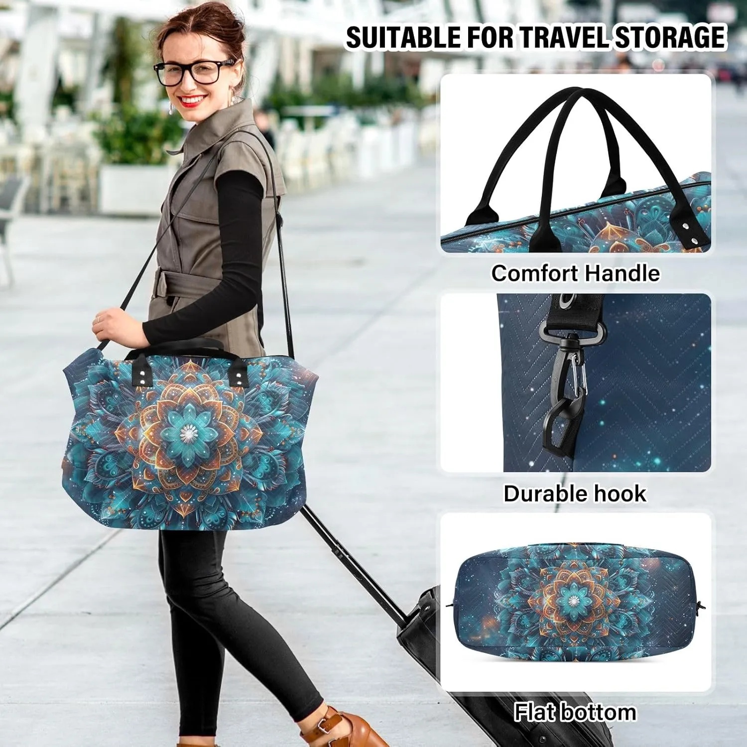 Mandala Floral Space Duffel Bags Traveling Duffle Bag for Women with Toiletry Bag Women's Gym Bag Weekender Bags