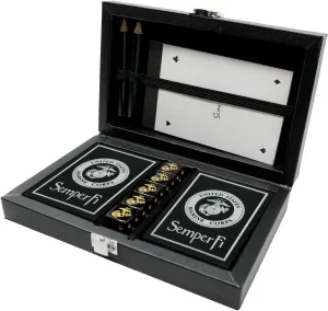Marine Corps Playing Cards and Dice Set – Black Leather Keepsake Box, Playing Cards with USMC Rank Insignia, EGA Dice