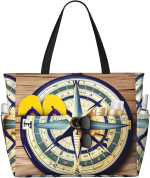 Maritime Sailboat Compass print Large Capacity Beach Travel Bag, Reusable Grocery Bag, Beach Bag