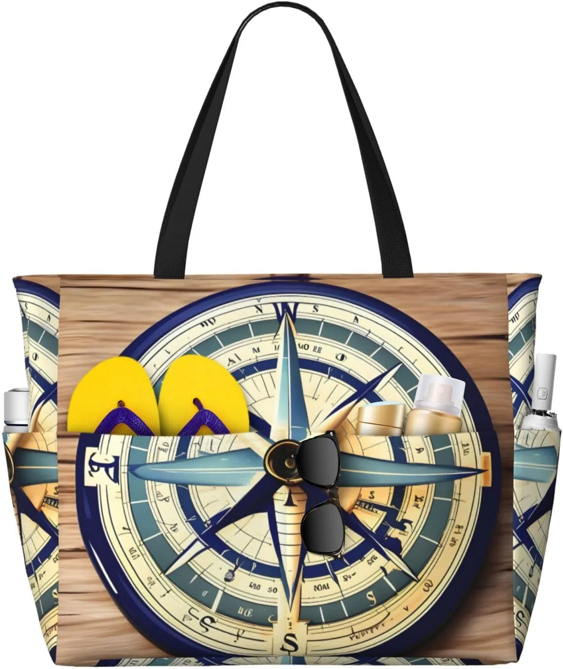 Maritime Sailboat Compass print Large Capacity Beach Travel Bag, Reusable Grocery Bag, Beach Bag