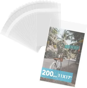 Mat Board Center, (200 Pack) 11 3/7" x 17 1/4" Clear Resealable Plastic Sleeves, Self Sealing Polypropylene Bags for Paper, Photographs, Prints & Documents