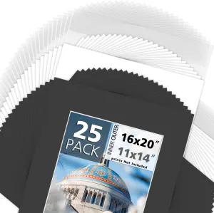 Mat Board Center, 25 Pack of Black Pre-Cut Mat Board 16x20 Picture Mat for 11x14 Photo with White Core Bevel Cut Mattes Sets. Includes 25 Acid Free Mats & 25 Backing Board & 25 Clear Bags