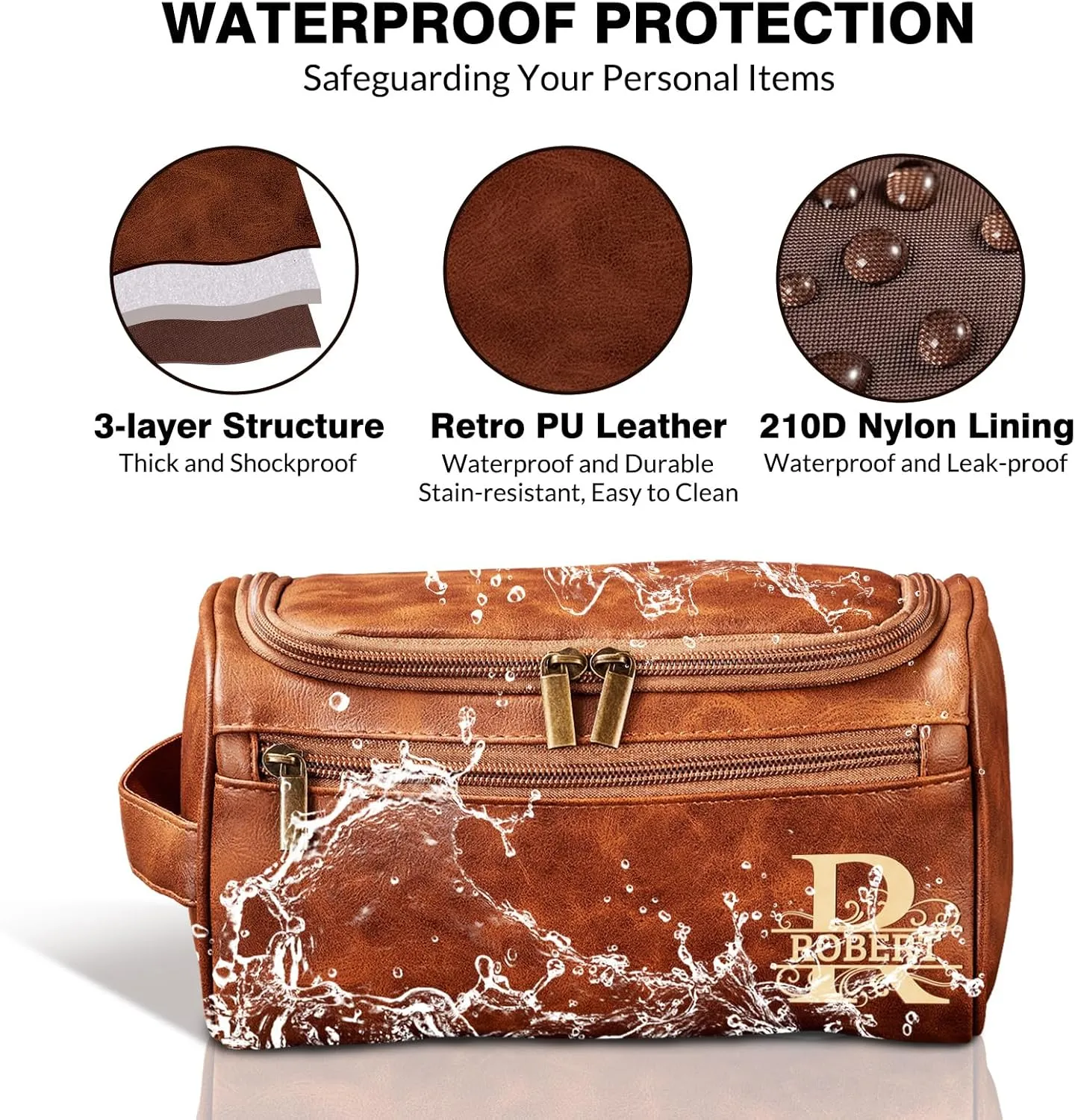 MATONGO Personalized Fathers Day Birthday Gifts for Dad, Leather Toiletry Bag for Men with Engraved Initials Name, Custom Shaving Travel Bag, Dopp Kit for Papa Grandpa Husband, Christmas Wedding Gift